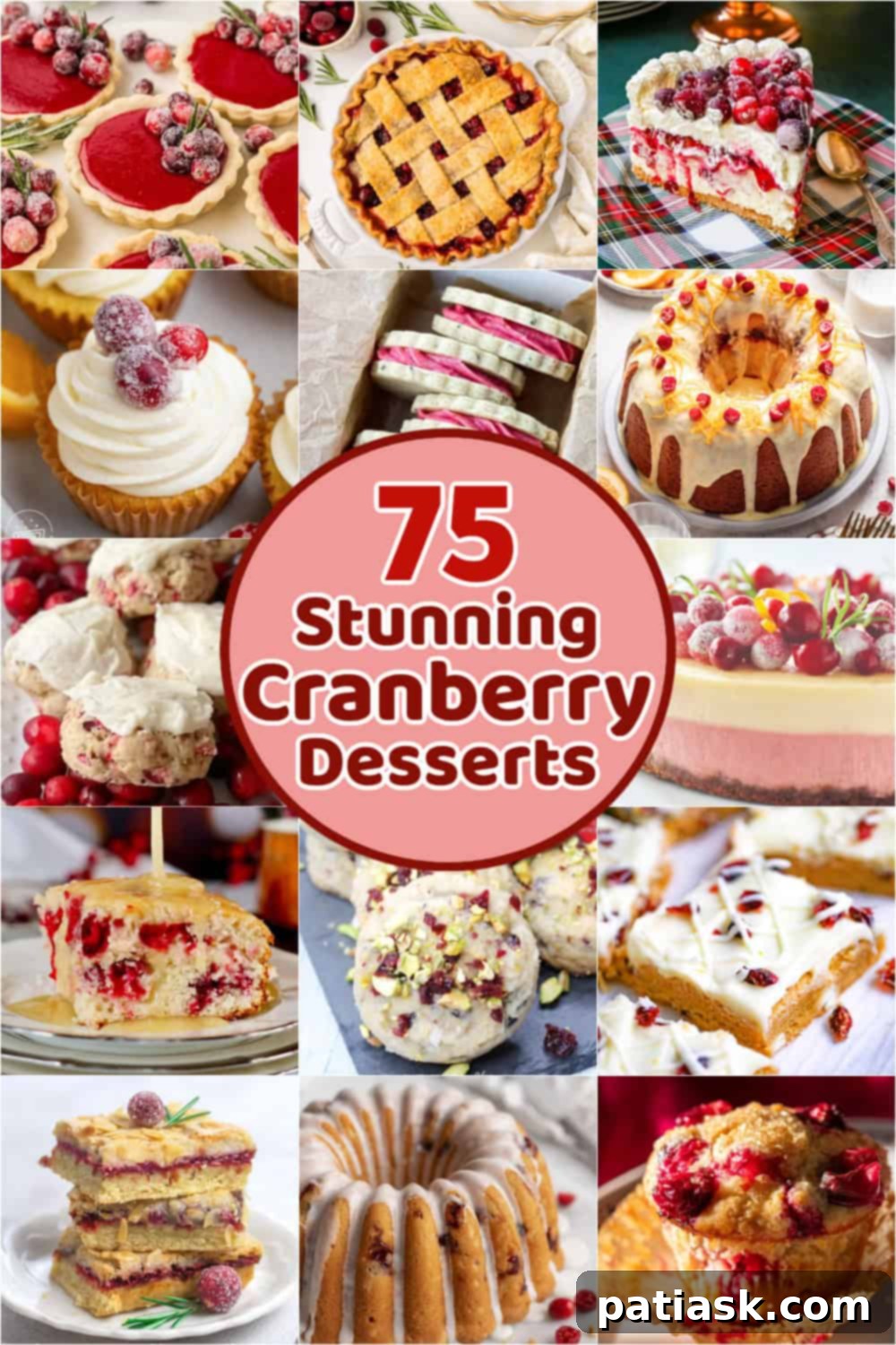 A festive collage of various cranberry desserts, including pies, tarts, and cookies, arranged artfully.