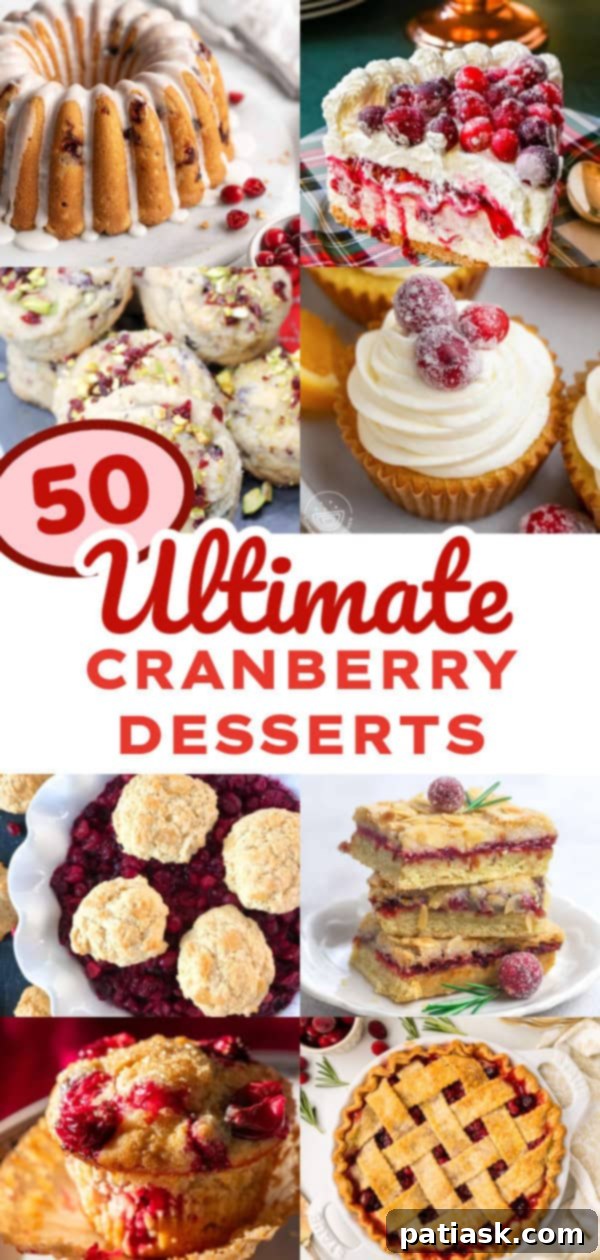 A collection of stunning cranberry desserts, featuring cakes, pies, and bars, beautifully presented.