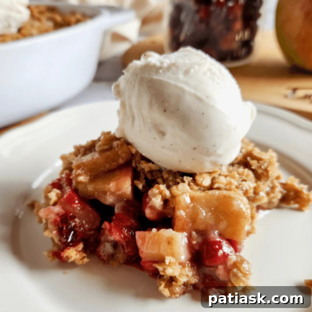 A rustic cast iron skillet filled with homemade cranberry apple crisp, topped with a scoop of melting vanilla ice cream.