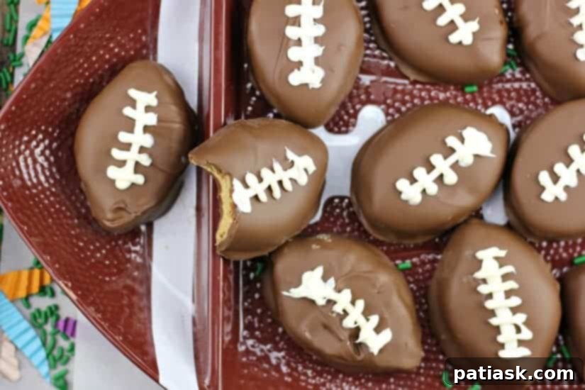 Touchdown Chocolate Peanut Butter Delights 2 Delicious Homemade Chocolate Peanut Butter Footballs, perfect for Super Bowl parties and game day celebrations.