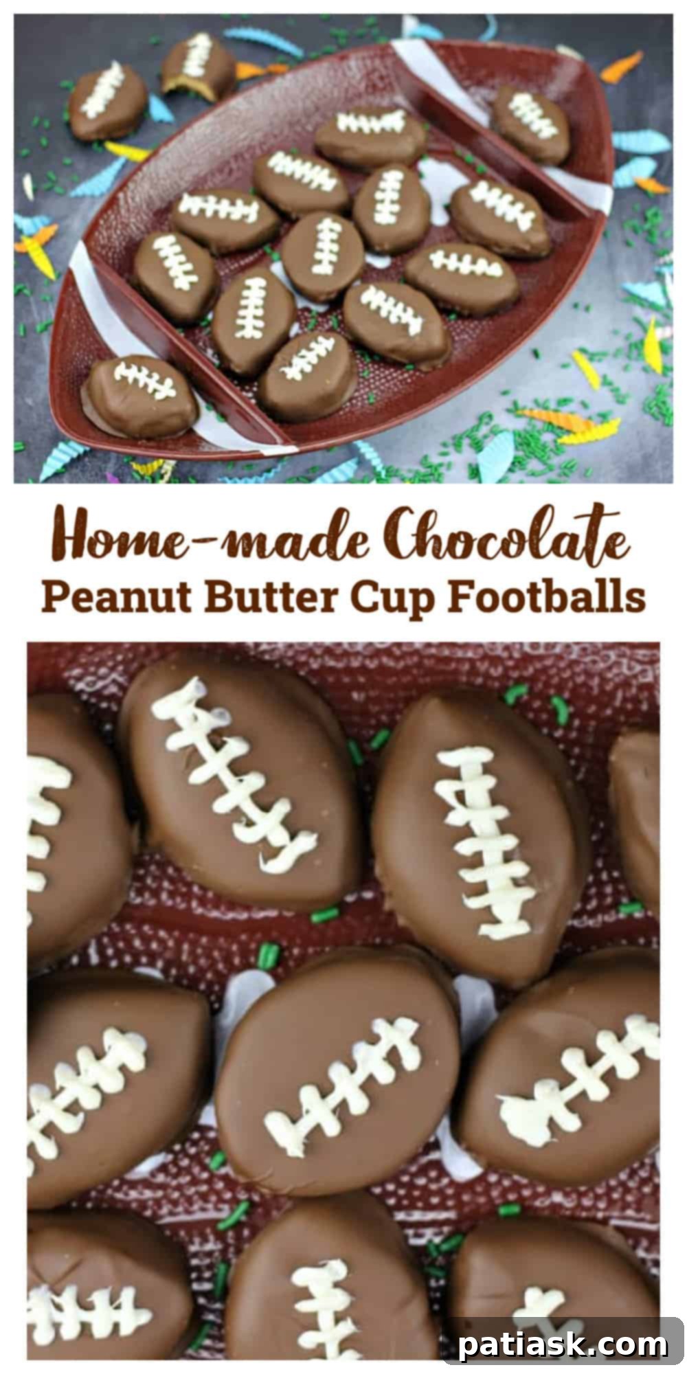 Touchdown Chocolate Peanut Butter Delights 8 A tall, vertically oriented image of Homemade Chocolate Peanut Butter Cup Footballs, emphasizing their perfect presentation.
