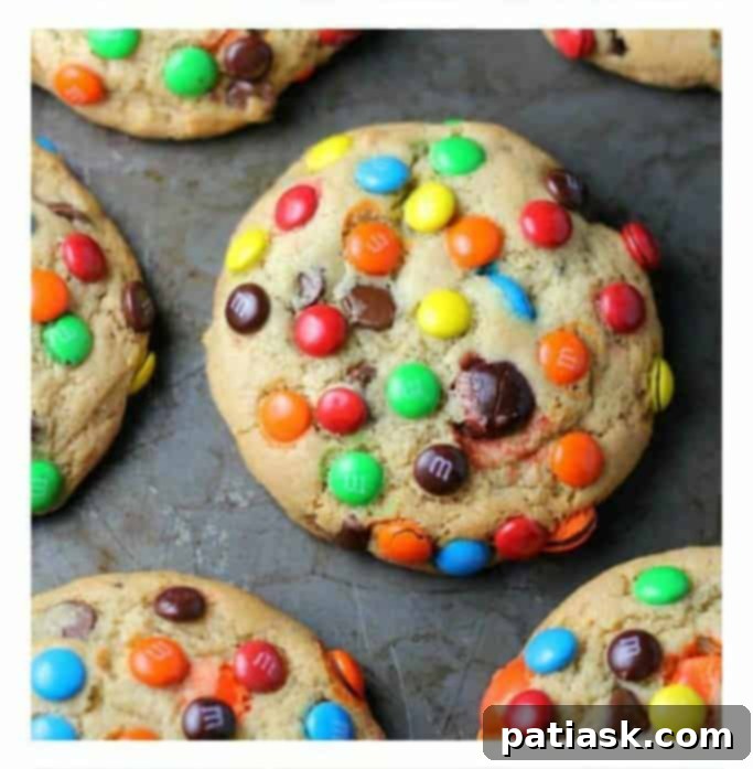 Jumbo soft batch M&M cookies, loaded with colorful candies and perfect for a game day celebration.