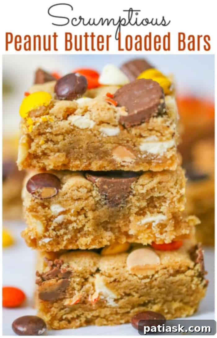 Scrumptious peanut butter loaded bars, extra thick and packed with peanut butter flavor, white chocolate, peanut butter chips, and Reese's candies.