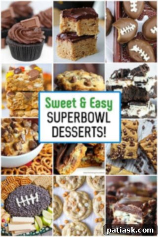 Three enticing super bowl dessert ideas, including a brownie, a cookie bar, and a dip.