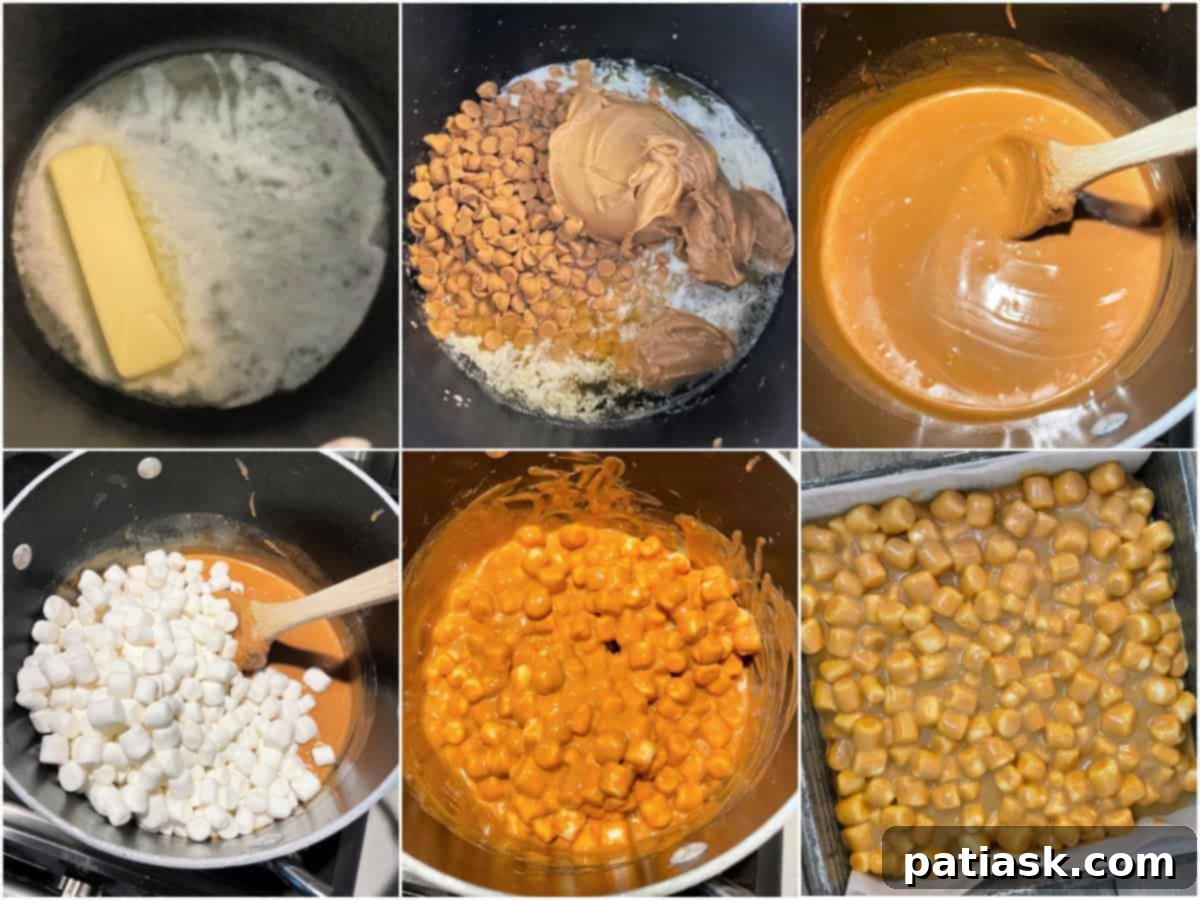 Peanut Butter Butterscotch Cloud Nine Bars 5 Step-by-step tutorial image for making no-bake butterscotch marshmallow bars