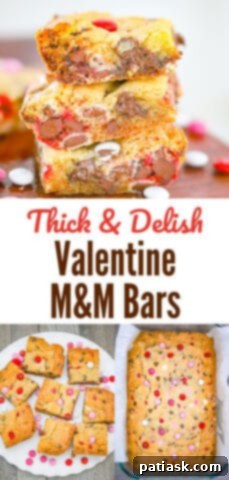 Fudgy Valentine M and M Bars 11 Thick & Delish Valentine M&M Bars, presented as a full sheet pan of baked cookie goodness.