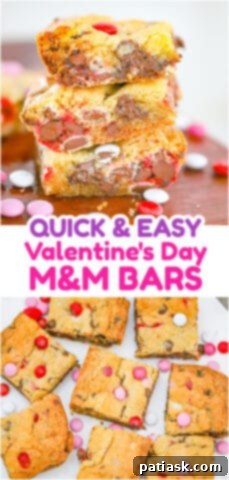 Fudgy Valentine M and M Bars 9 Thick & Delish Valentine M&M Bars, a beautiful and vibrant cookie bar with red, pink, and white M&Ms.