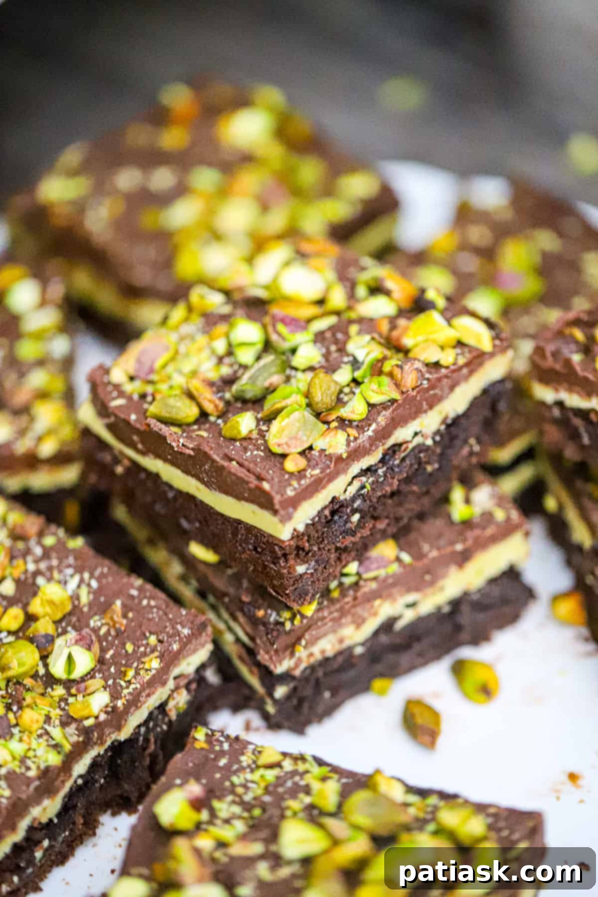 Our decadent Pistachio Brownies recipe is the best! Imagine biting into a fudgy and moist brownie, only to be surprised by a creamy pistachio white chocolate ganache filling. And just when you thought it couldn't get any better, a layer of smooth chocolate ganache and crunchy pistachios on top. Are you drooling yet?