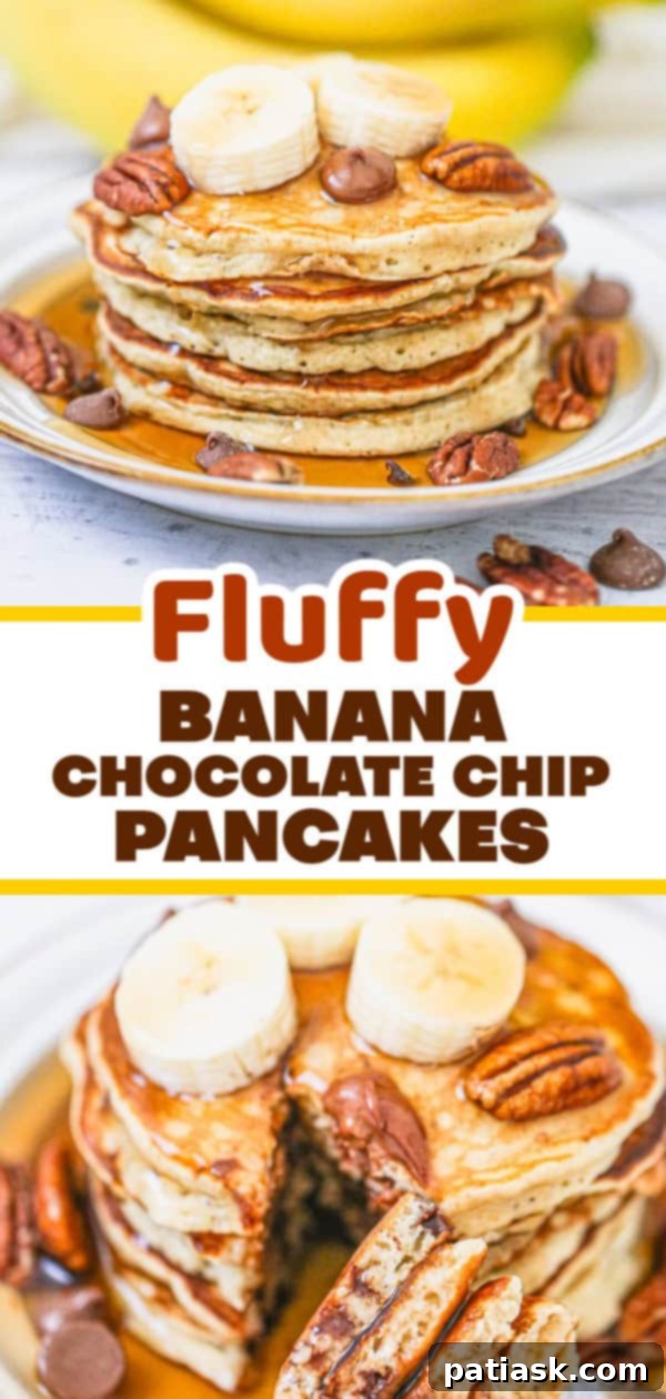 A beautifully styled flat lay of fluffy banana chocolate chip pancakes with various toppings, emphasizing the deliciousness of the recipe.