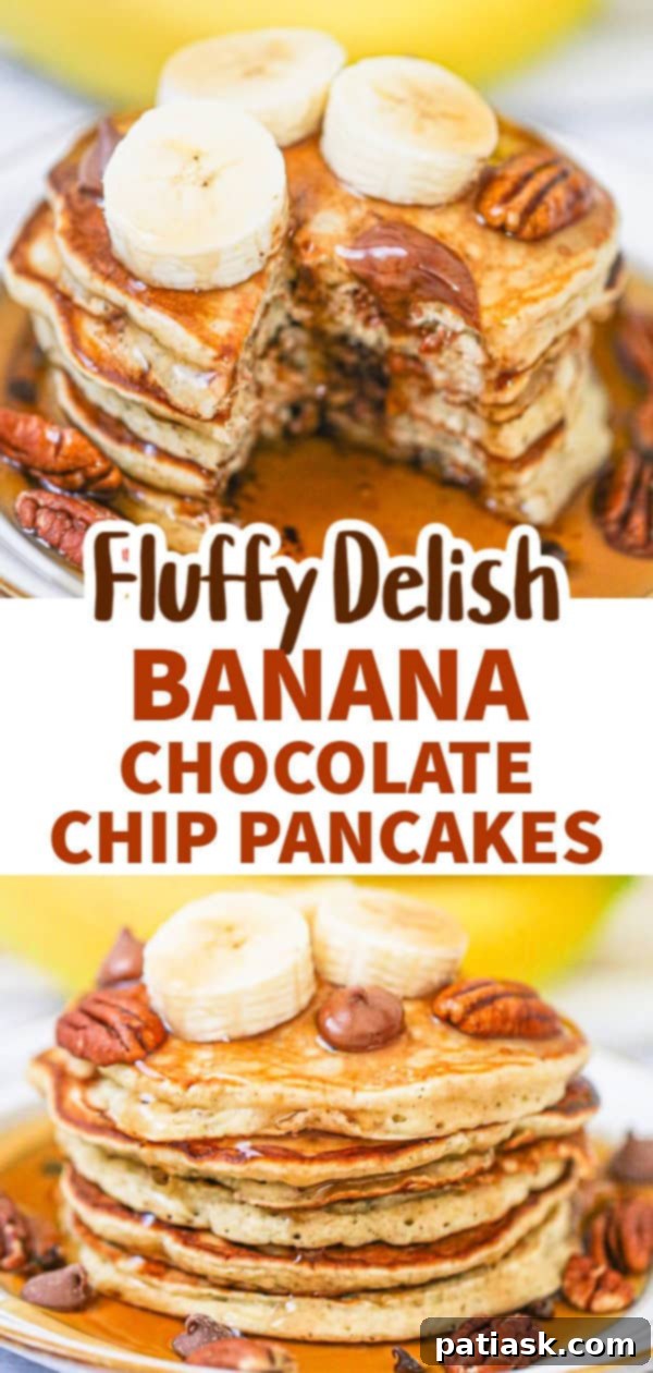 Another enticing flat lay of fluffy banana chocolate chip pancakes, showcasing their appeal with fresh garnishes.