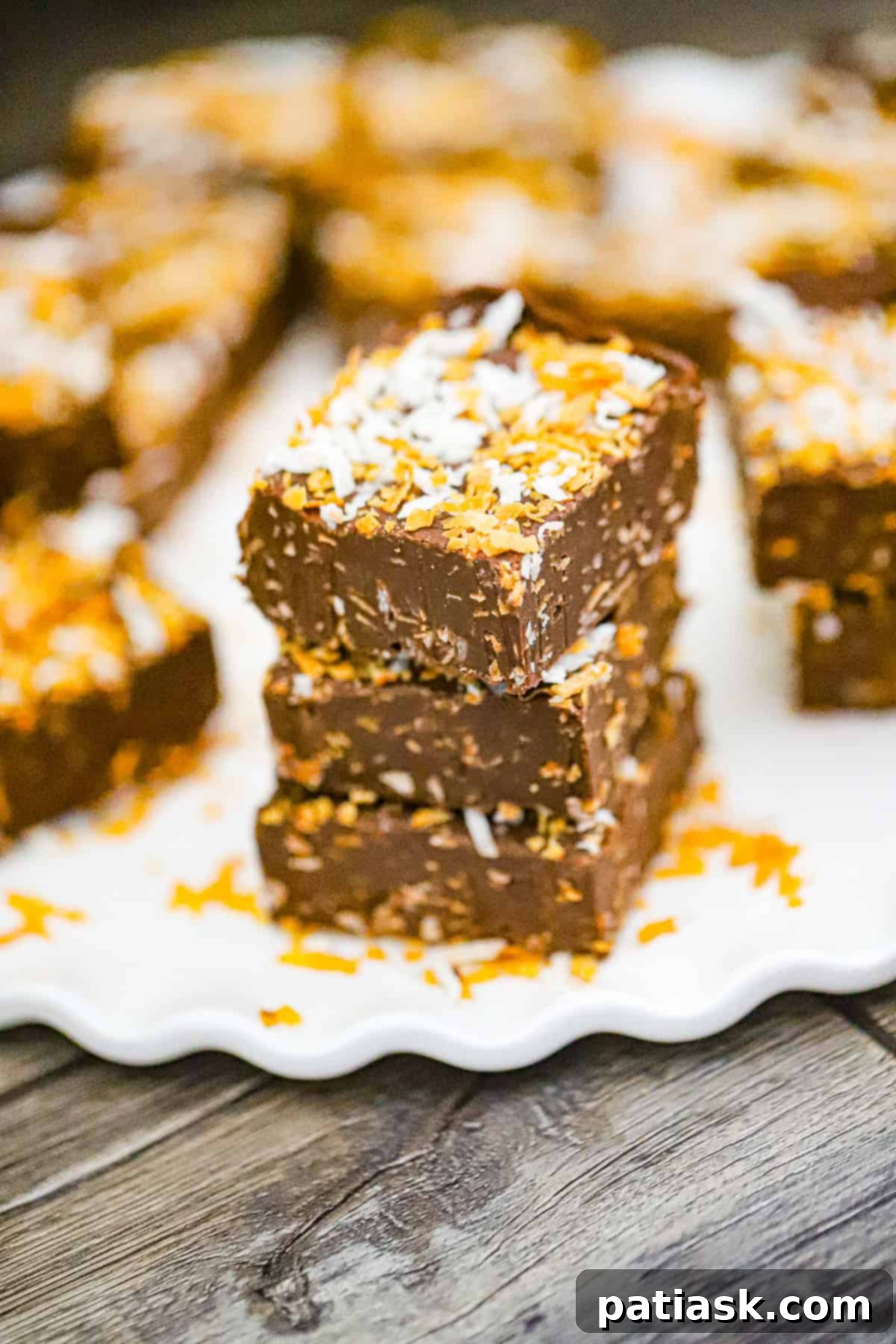 Effortless Microwave Coconut Fudge 6 stack of coconut fudge bars, rich and decadent dessert