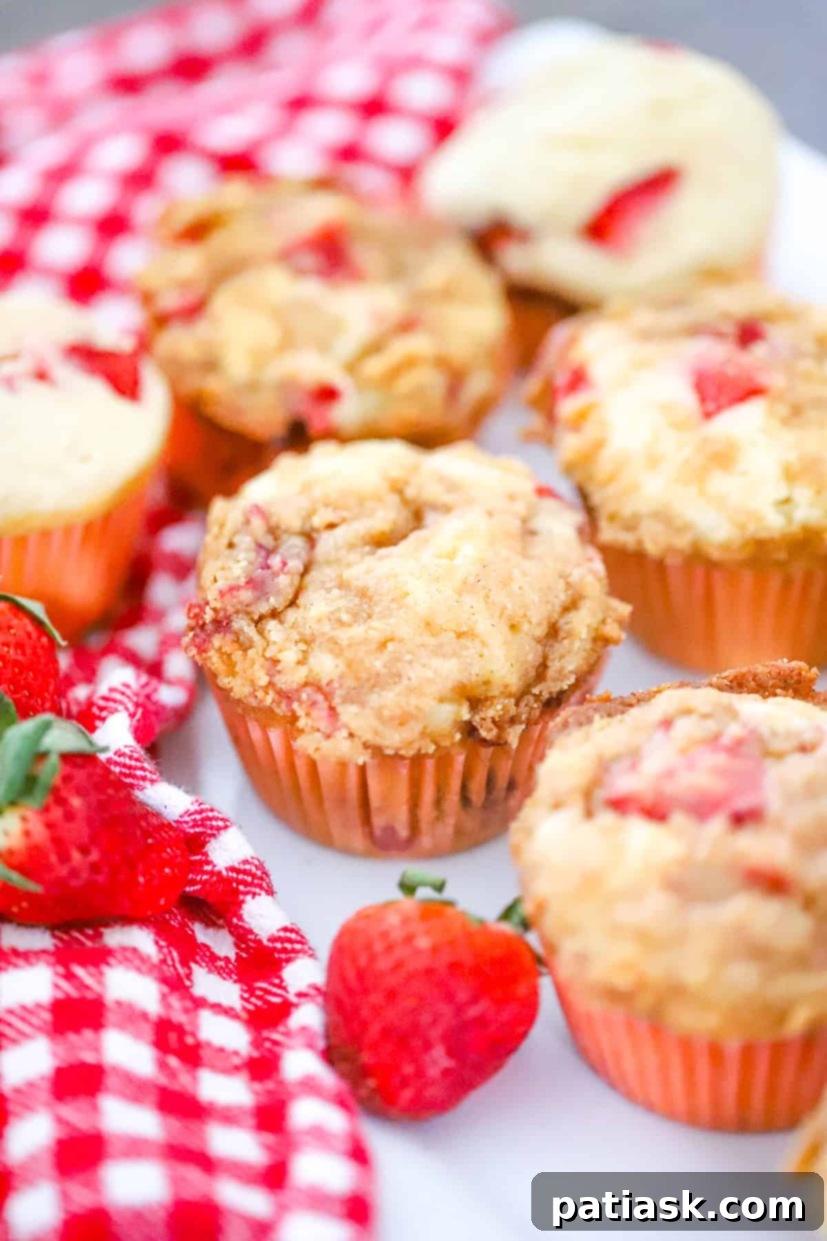 Close-up of strawberry streusel cobbler muffins showing streusel topping and berries
