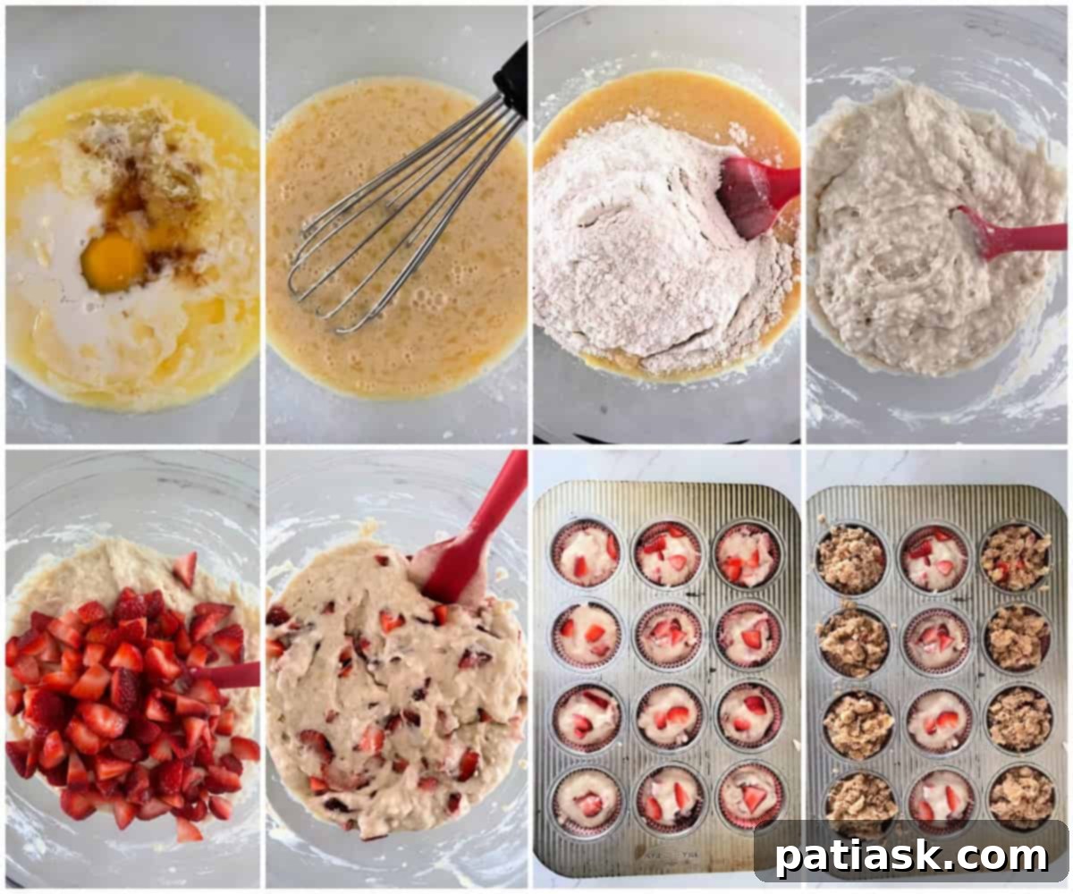 Freshly baked strawberry streusel cobbler muffins on a cooling rack