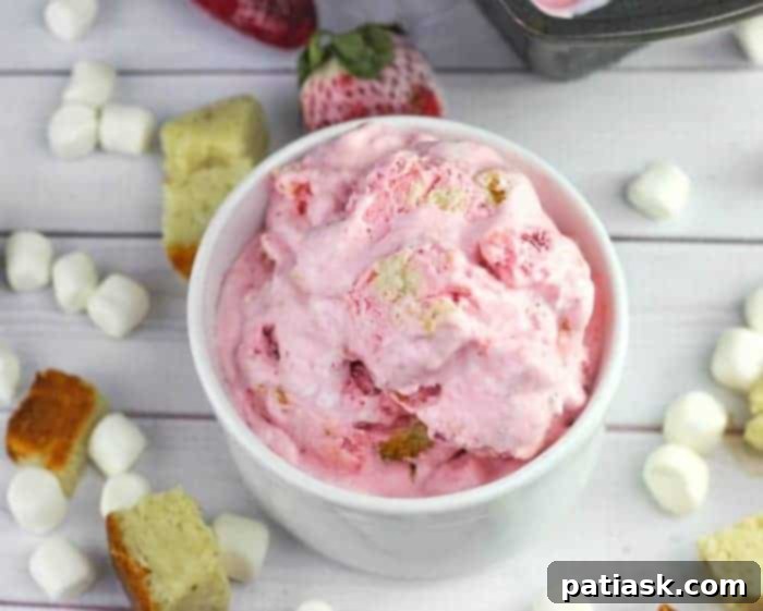 No-Churn Strawberry Shortcake Swirl Ice Cream 3 Strawberry Shortcake No-Churn Ice Cream in a tub with a scoop, showing texture with cake bits and strawberries.