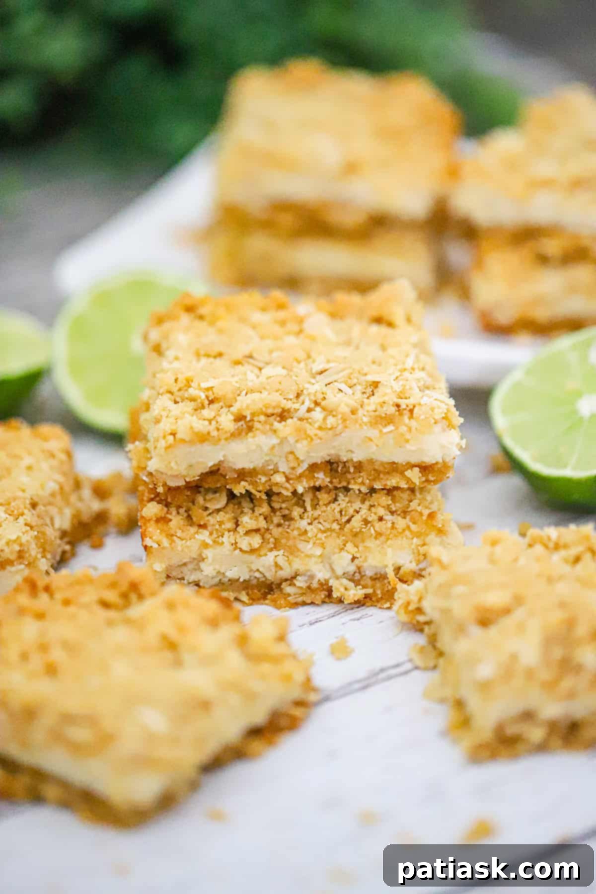 Tropical Zest Oat Crumble Bars 2 Lime Coconut Oatmeal Crumble Bars on a white plate