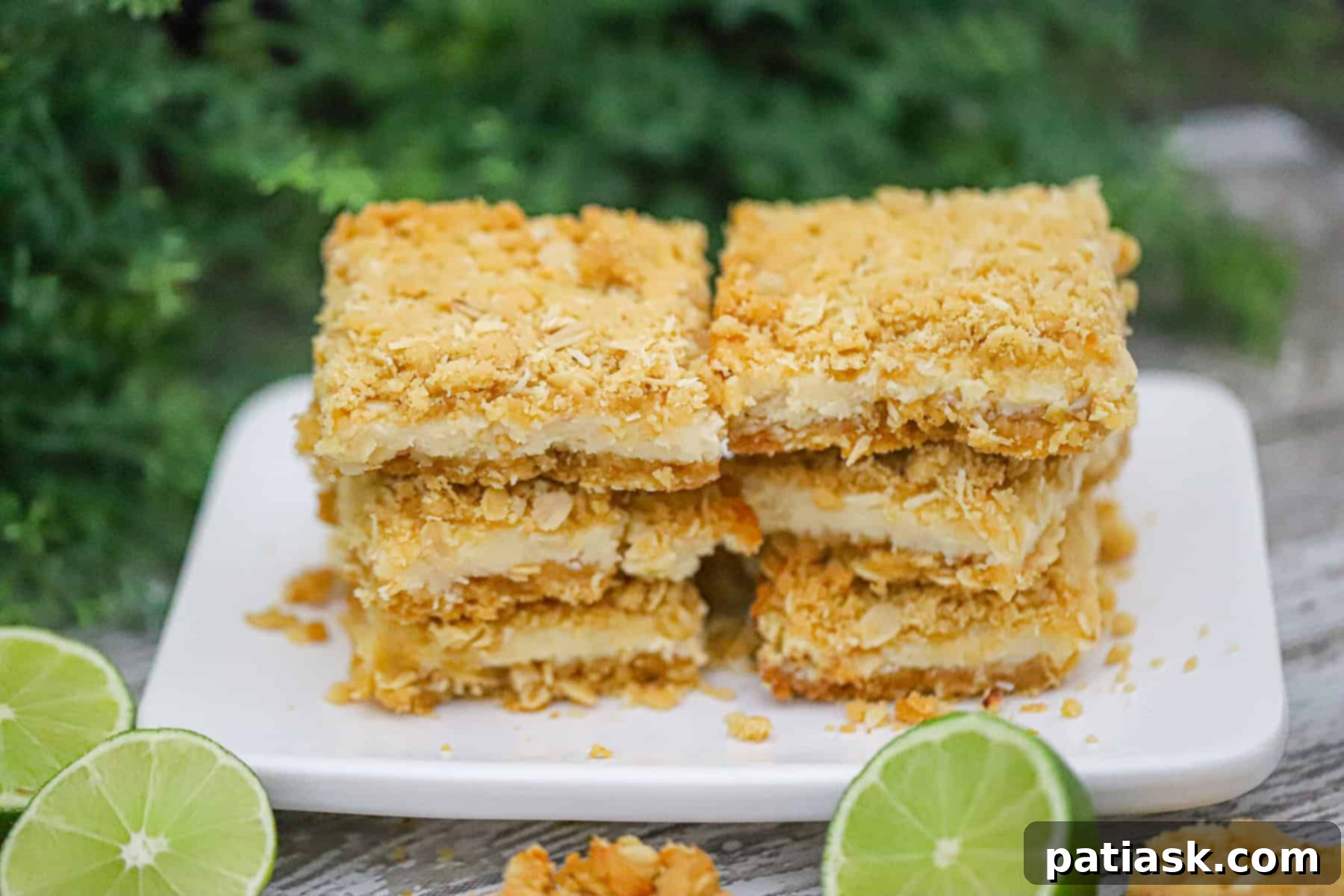 Tropical Zest Oat Crumble Bars 3 Two lime coconut oatmeal crumble bars stacked on a white plate