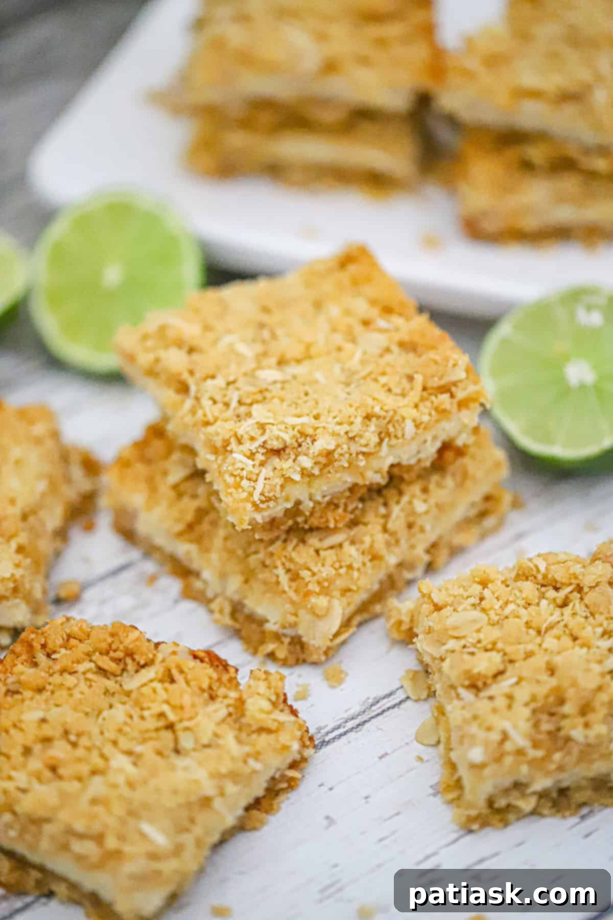 Tropical Zest Oat Crumble Bars 4 A close-up of a lime coconut oatmeal crumble bar with lime zest