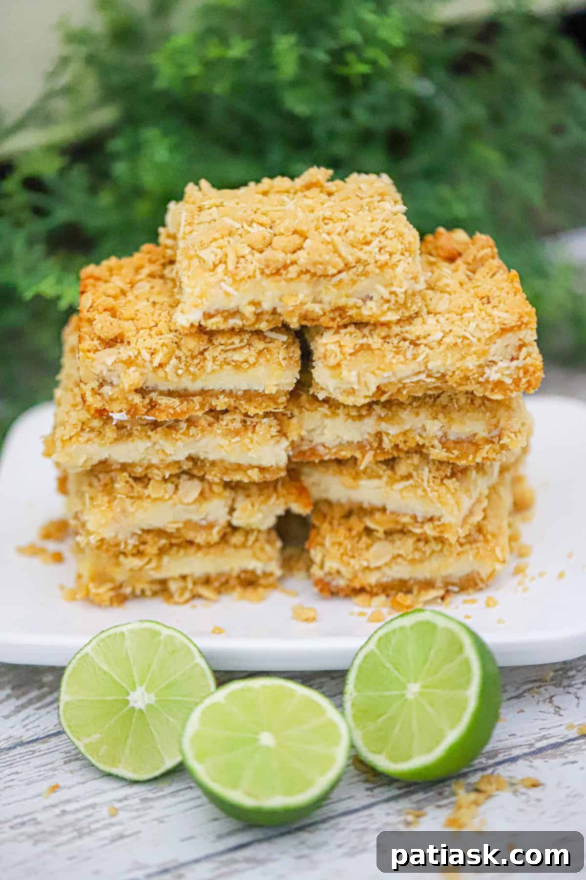 Tropical Zest Oat Crumble Bars 5 Stack of four lime coconut oatmeal crumble bars with a lime slice on top
