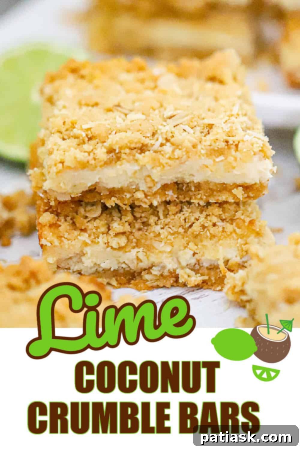 Tropical Zest Oat Crumble Bars 8 TROPICAL DESSERT - Lime Coconut Oatmeal Crumble Bars close up