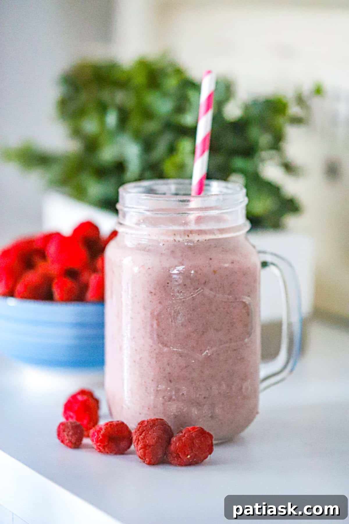 Raspberry Chia Power Smoothie 3 Creamy Raspberry Chia Protein Smoothie in a glass