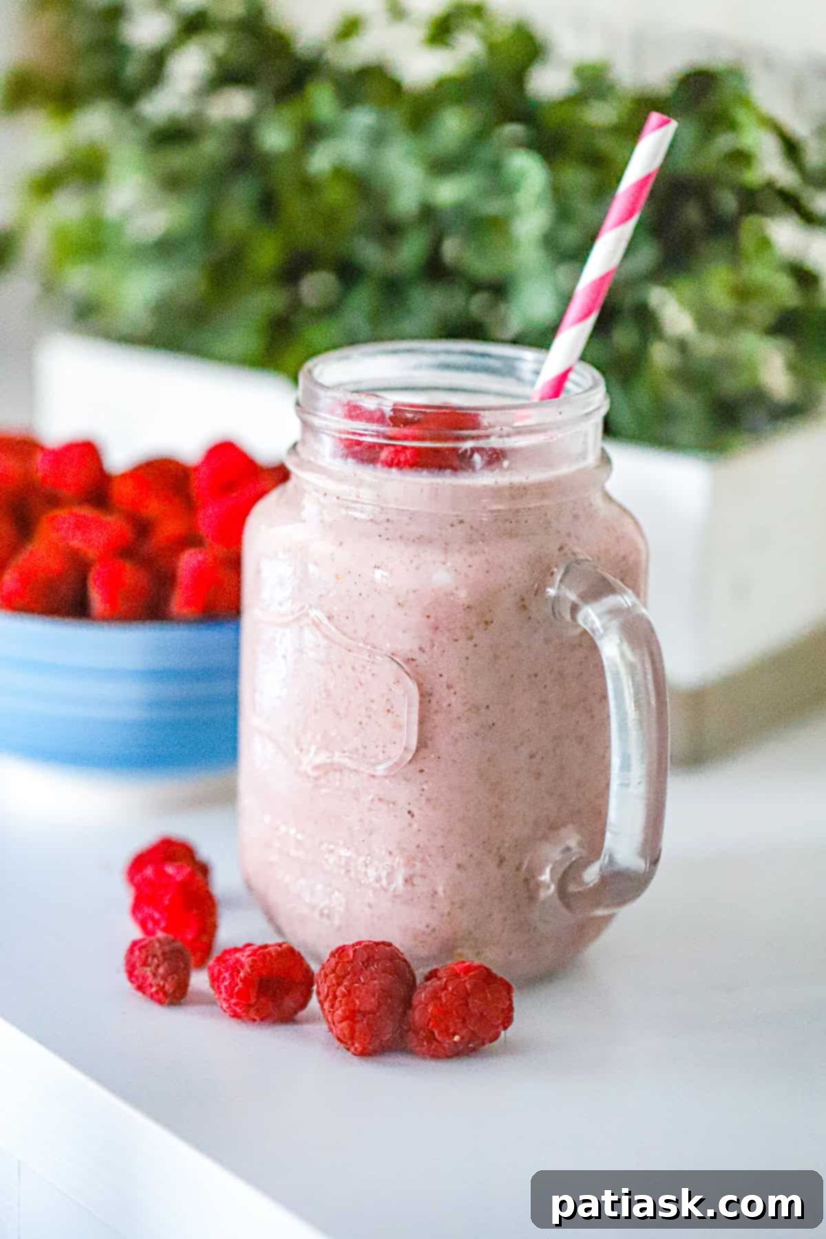 Raspberry Chia Power Smoothie 4 Close-up of a Raspberry Chia Protein Smoothie with fresh raspberries