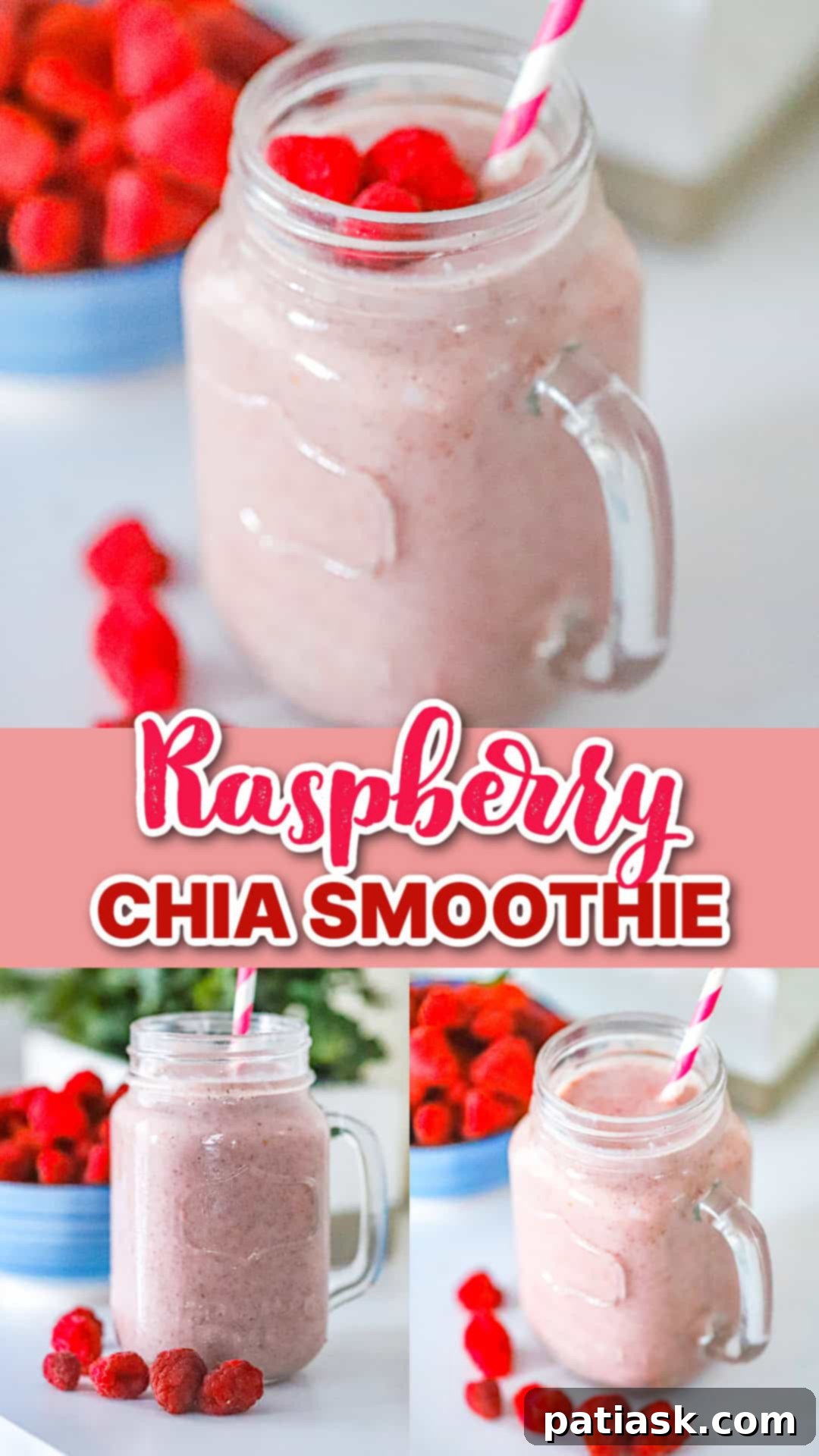 Raspberry Chia Protein Smoothie with recipe title overlay