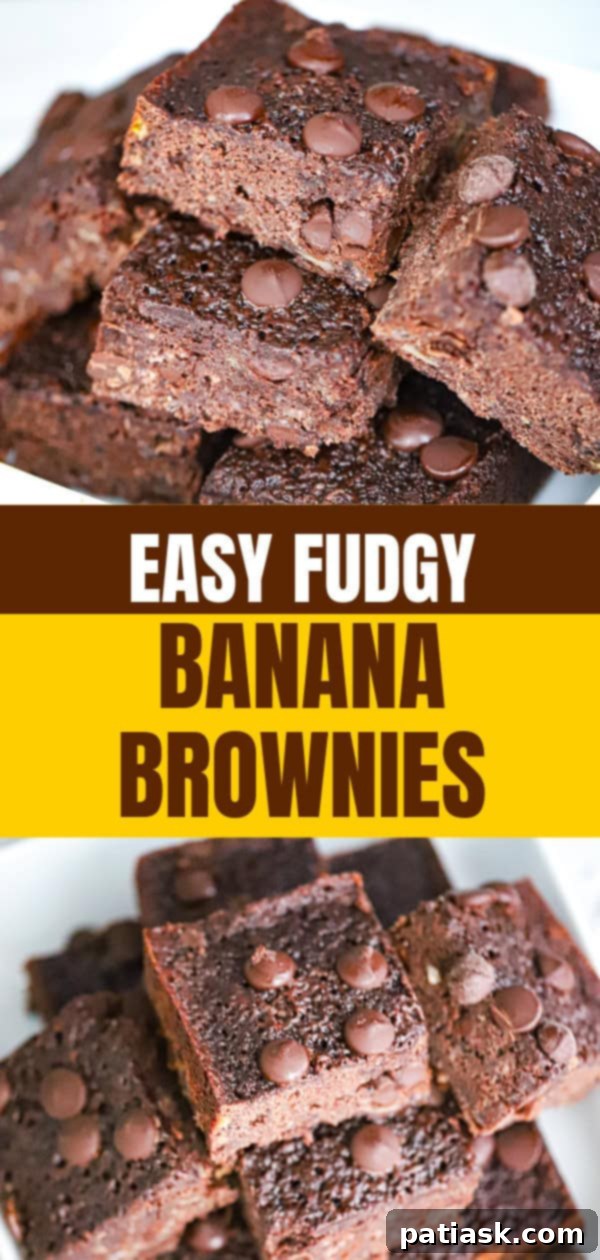 Closeup of a plate of fudgy banana brownies, showing gooey texture