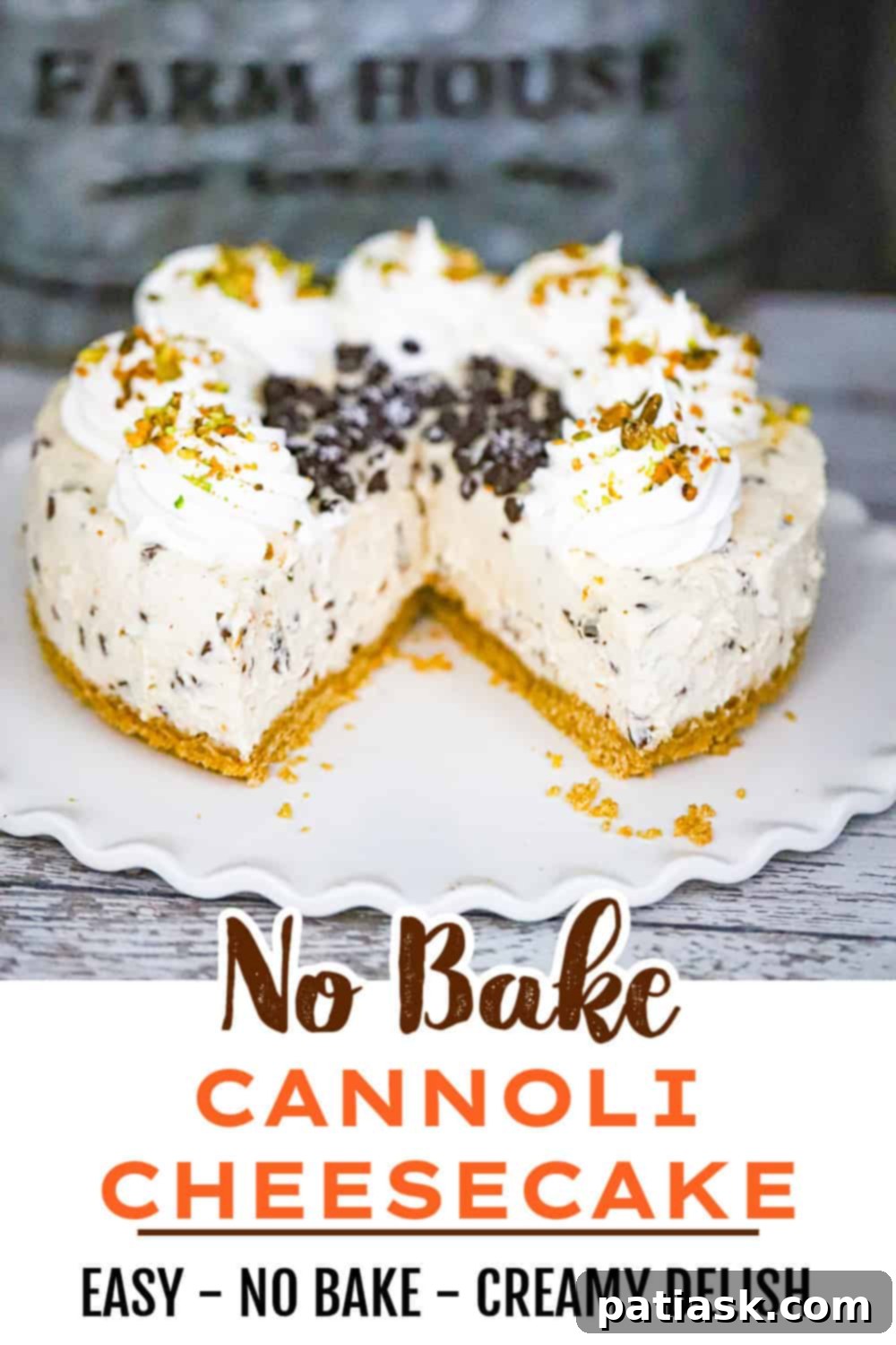 A side shot of a slice of No-Bake Cannoli Cheesecake, highlighting the crust and filling layers.