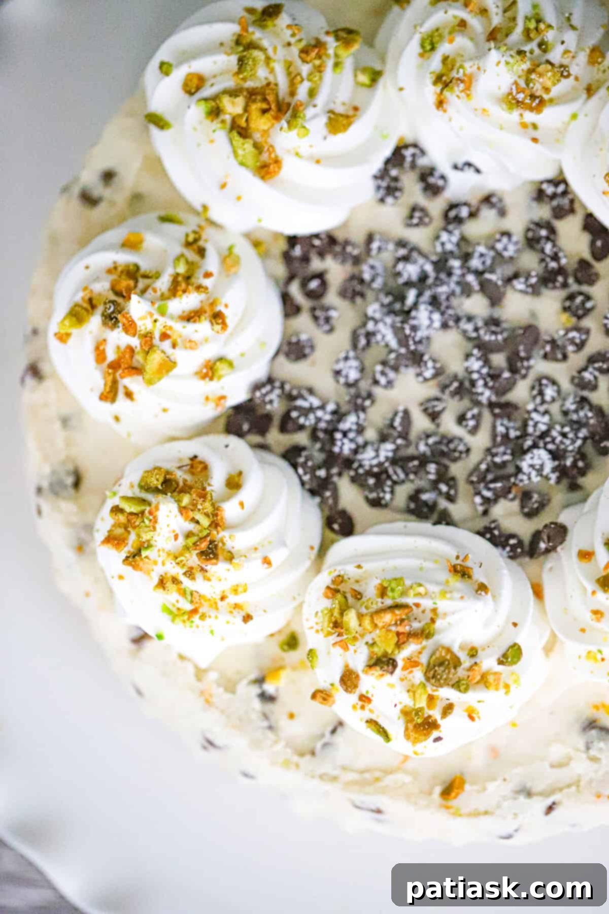 A slice of No-Bake Cannoli Cheesecake with whipped cream and chocolate chips.
