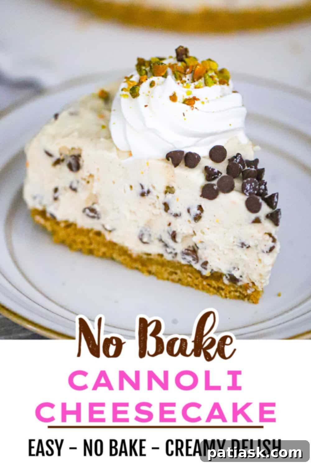 A close-up of the creamy filling and chocolate chips in a No-Bake Cannoli Cheesecake slice.