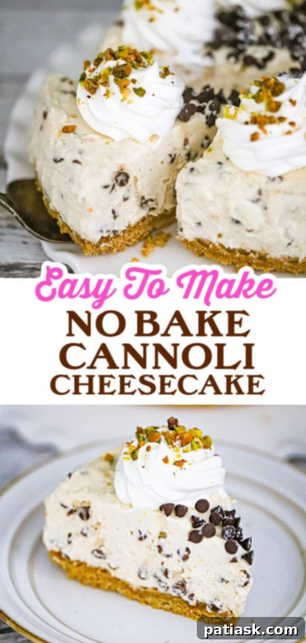 Overhead view of a whole No-Bake Cannoli Cheesecake with piped whipped cream, chocolate chips, and pistachios.