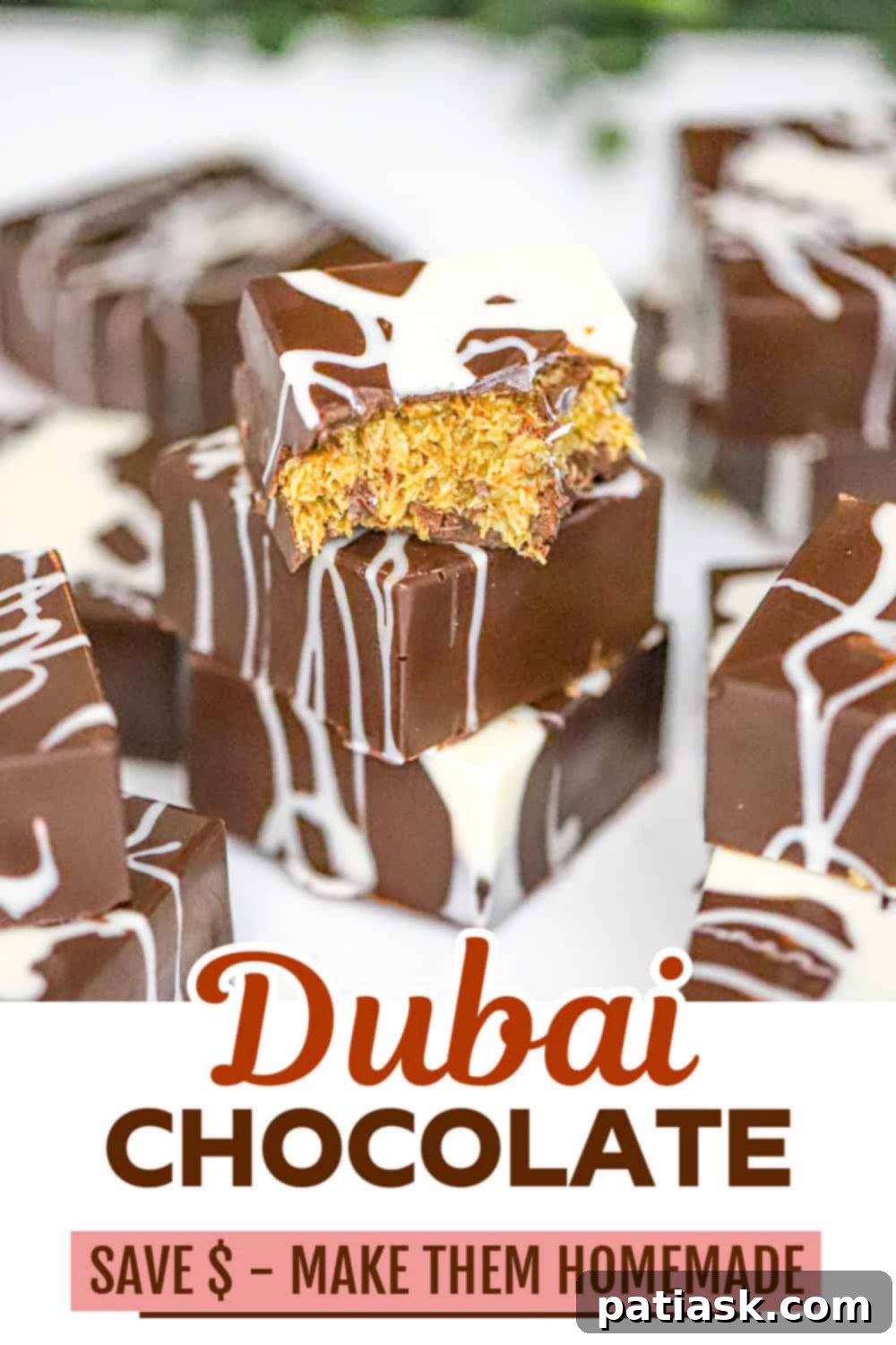 Desert Oasis Chocolate Bars 10 Close-up of a Homemade Chocolate Dubai Bar, highlighting its crispy texture and rich filling.