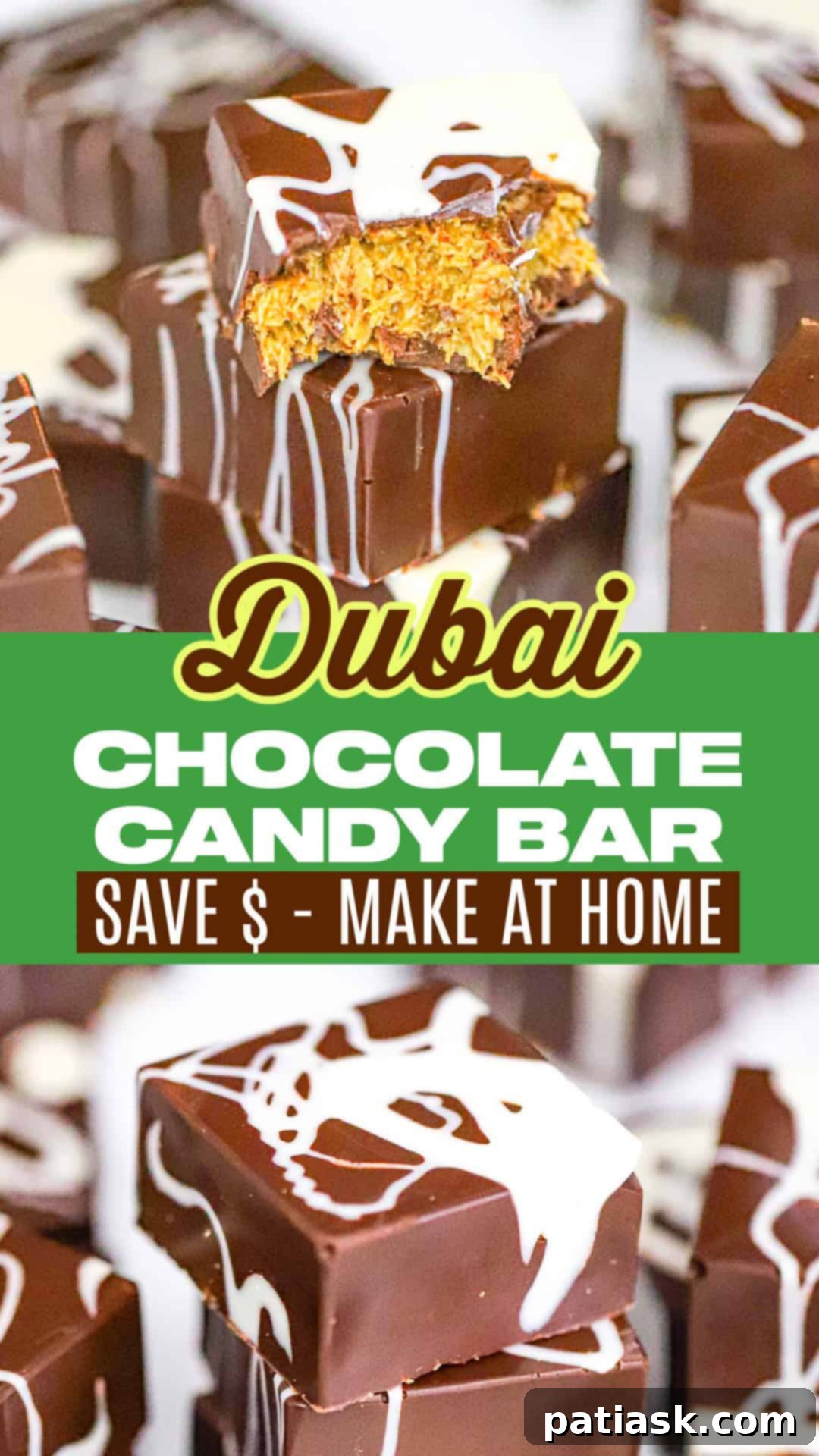 Desert Oasis Chocolate Bars 8 A beautifully presented Homemade Chocolate Dubai Bar, showing off its layered perfection.