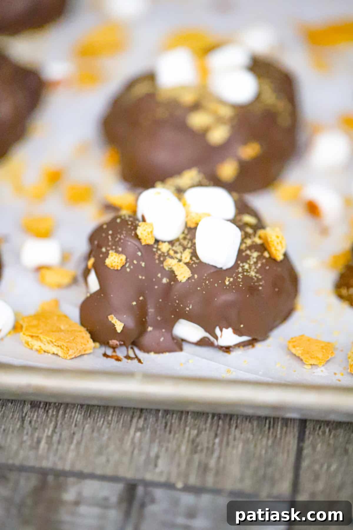 Frozen S'mores Yogurt Bites 2 Frozen S'more Yogurt Clusters on a parchment-lined baking sheet