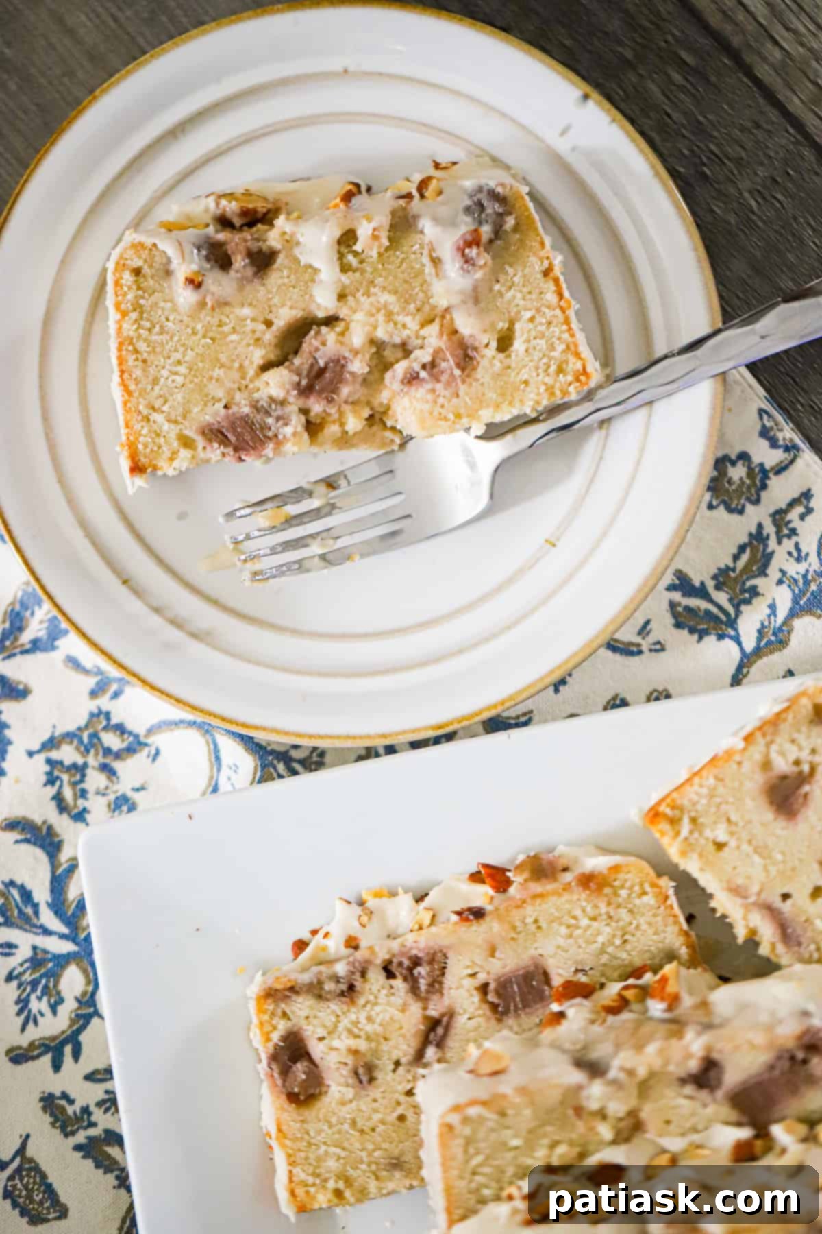 close up of rhubarb pound cake texture