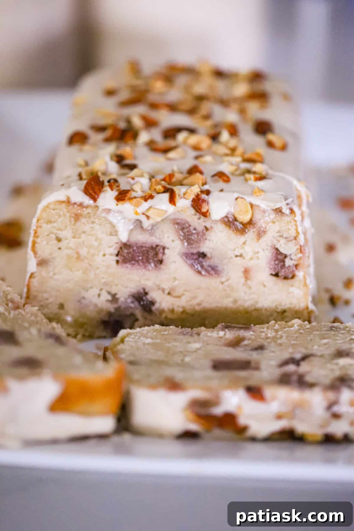 rhubarb pound cake on a wooden board