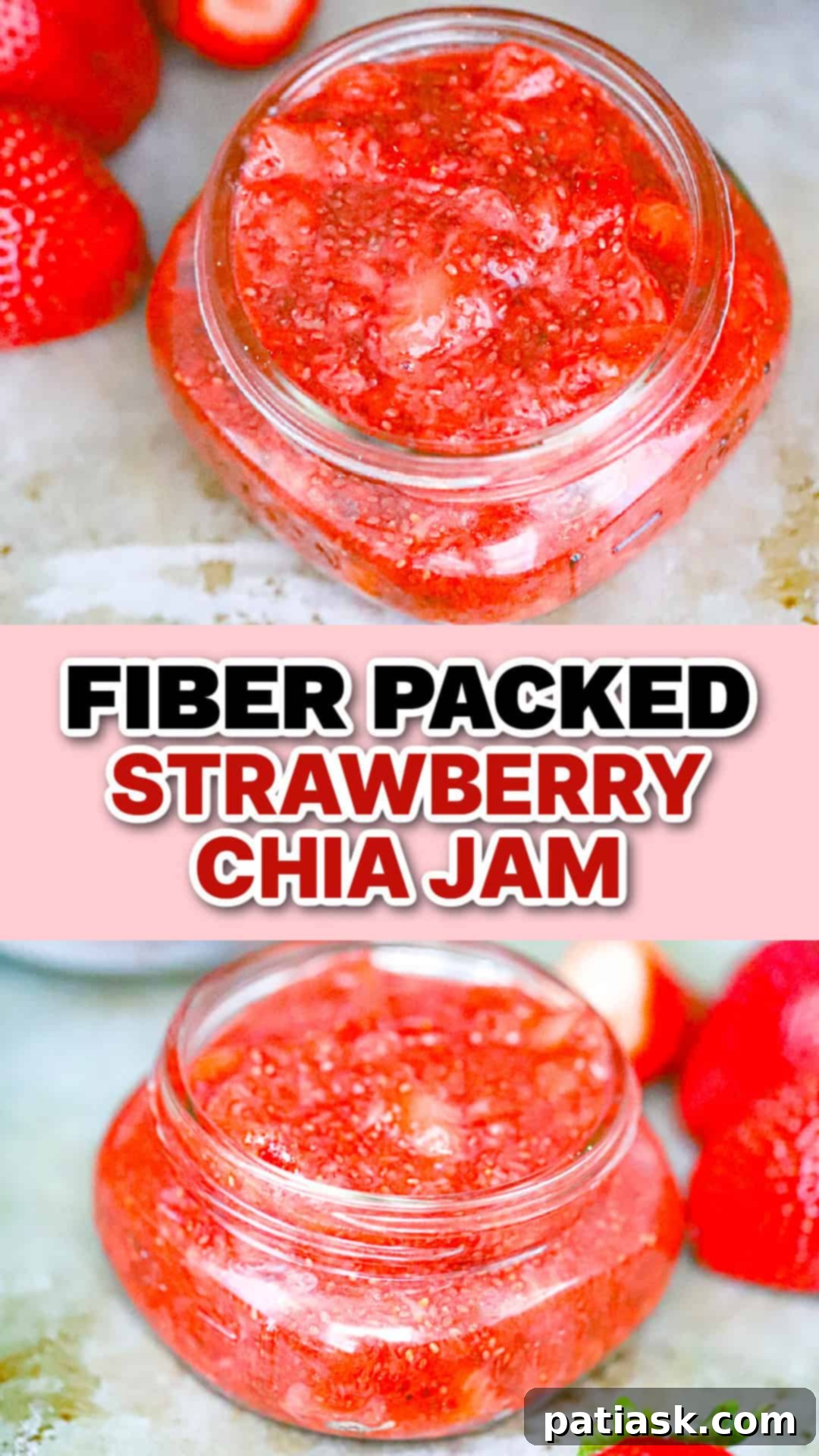 Wholesome Strawberry Chia Jam 11 Three jars of strawberry chia jam on a rustic wooden board with fresh strawberries scattered around