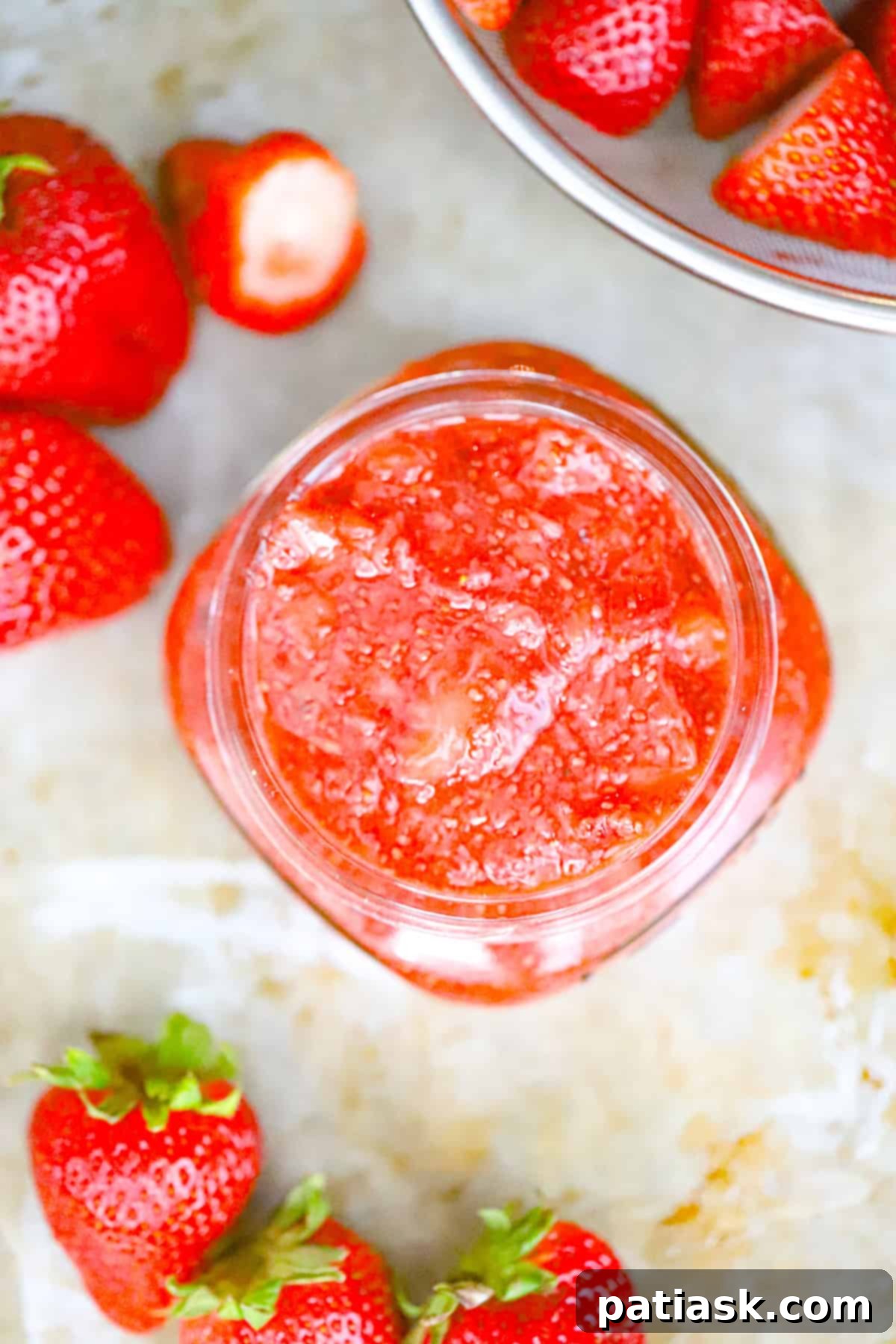 Wholesome Strawberry Chia Jam 6 Bowl of strawberry chia jam with fresh strawberries