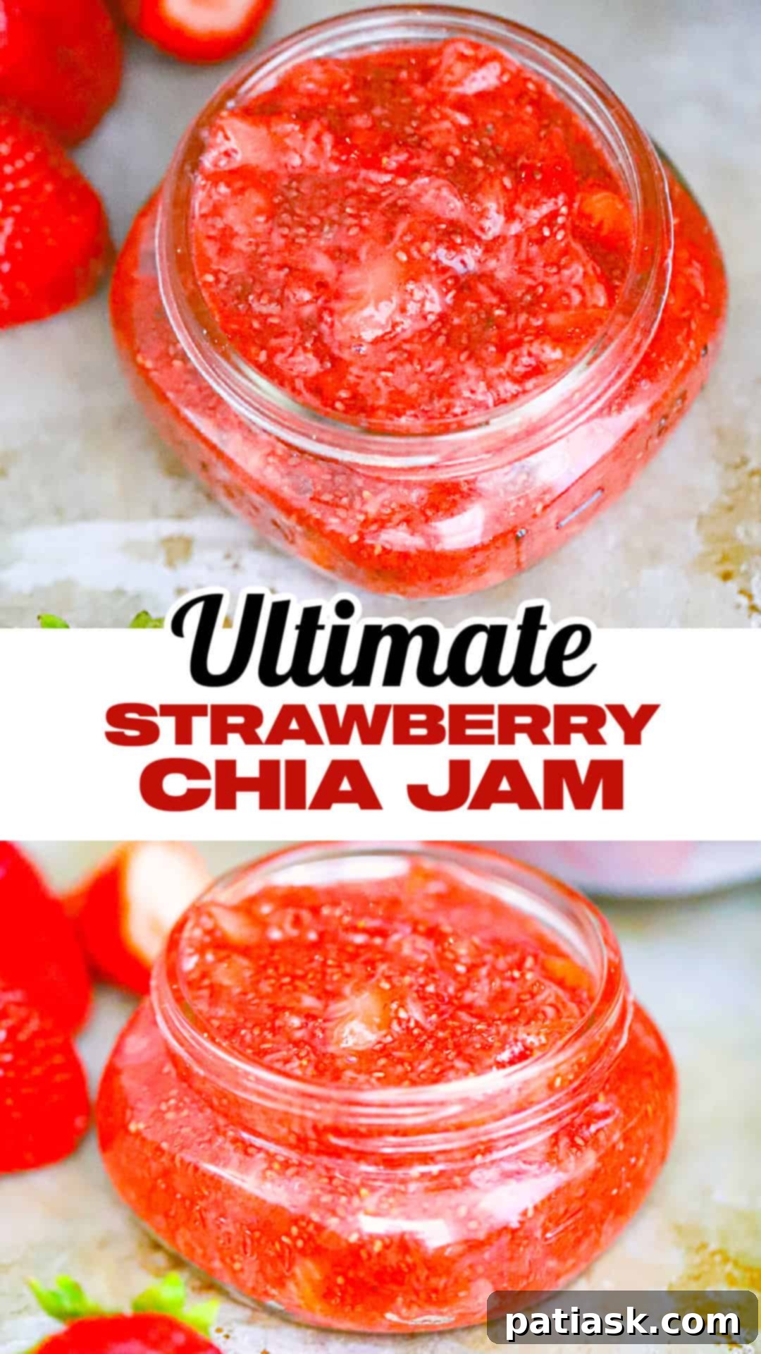 Wholesome Strawberry Chia Jam 10 Top-down view of a spoon scooping strawberry chia jam from a jar, with fresh strawberries