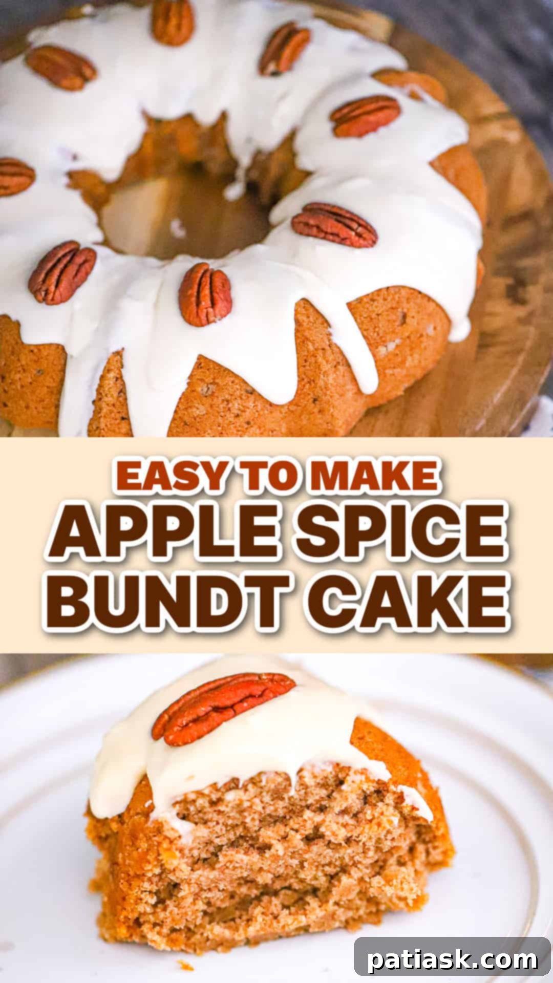 Close-up of Apple Spice Bundt Cake, showcasing the vanilla glaze
