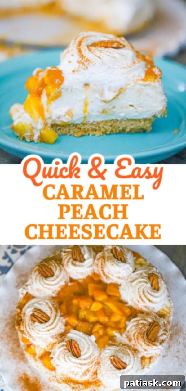 No-Bake Caramel Peach Cheesecake Delight 12 Close-up of a slice of No Bake CARAMEL PEACH CHEESECAKE