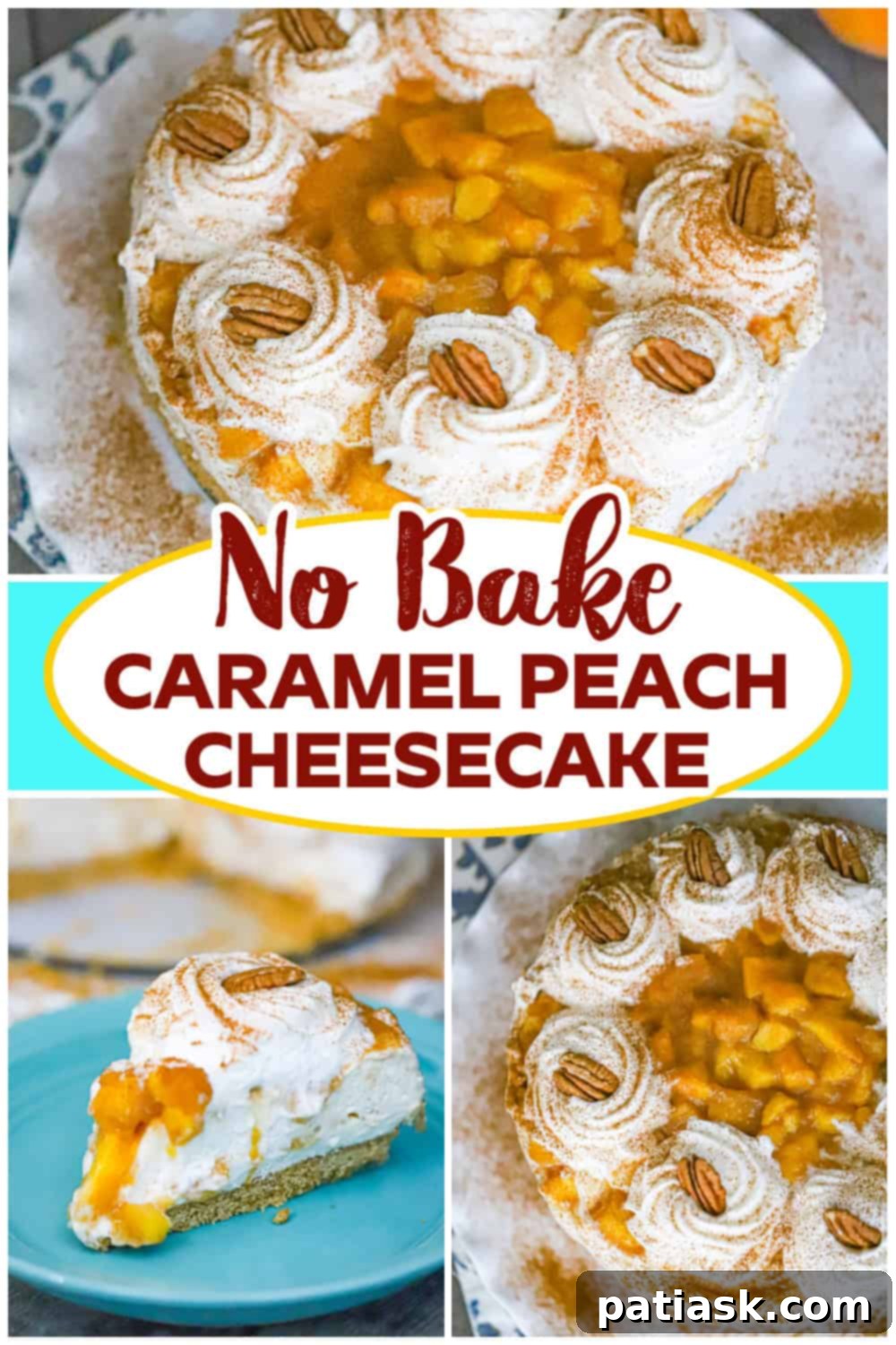 No-Bake Caramel Peach Cheesecake Delight 13 Overhead view of a beautiful No Bake CARAMEL PEACH CHEESECAKE ready to be served