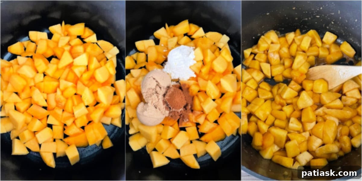 No-Bake Caramel Peach Cheesecake Delight 4 Close-up of a simmering peach filling in a saucepan for a no bake cheesecake