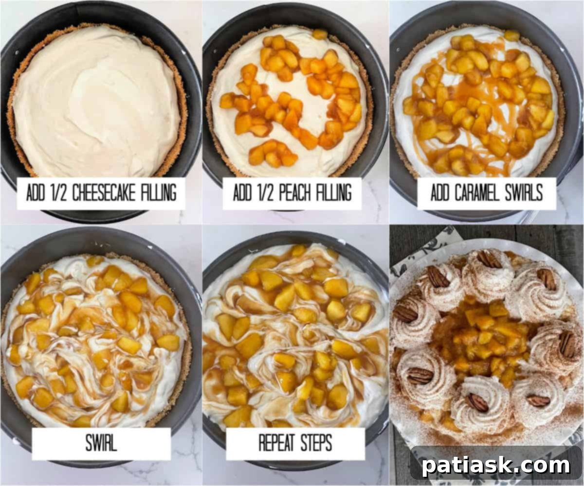 No-Bake Caramel Peach Cheesecake Delight 6 Hand swirling caramel into the top layer of an easy no bake peach cheesecake before chilling