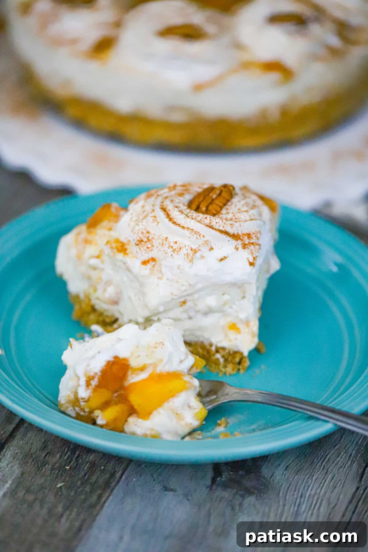 No-Bake Caramel Peach Cheesecake Delight 9 Beautifully presented no bake dessert with fresh peaches and caramel