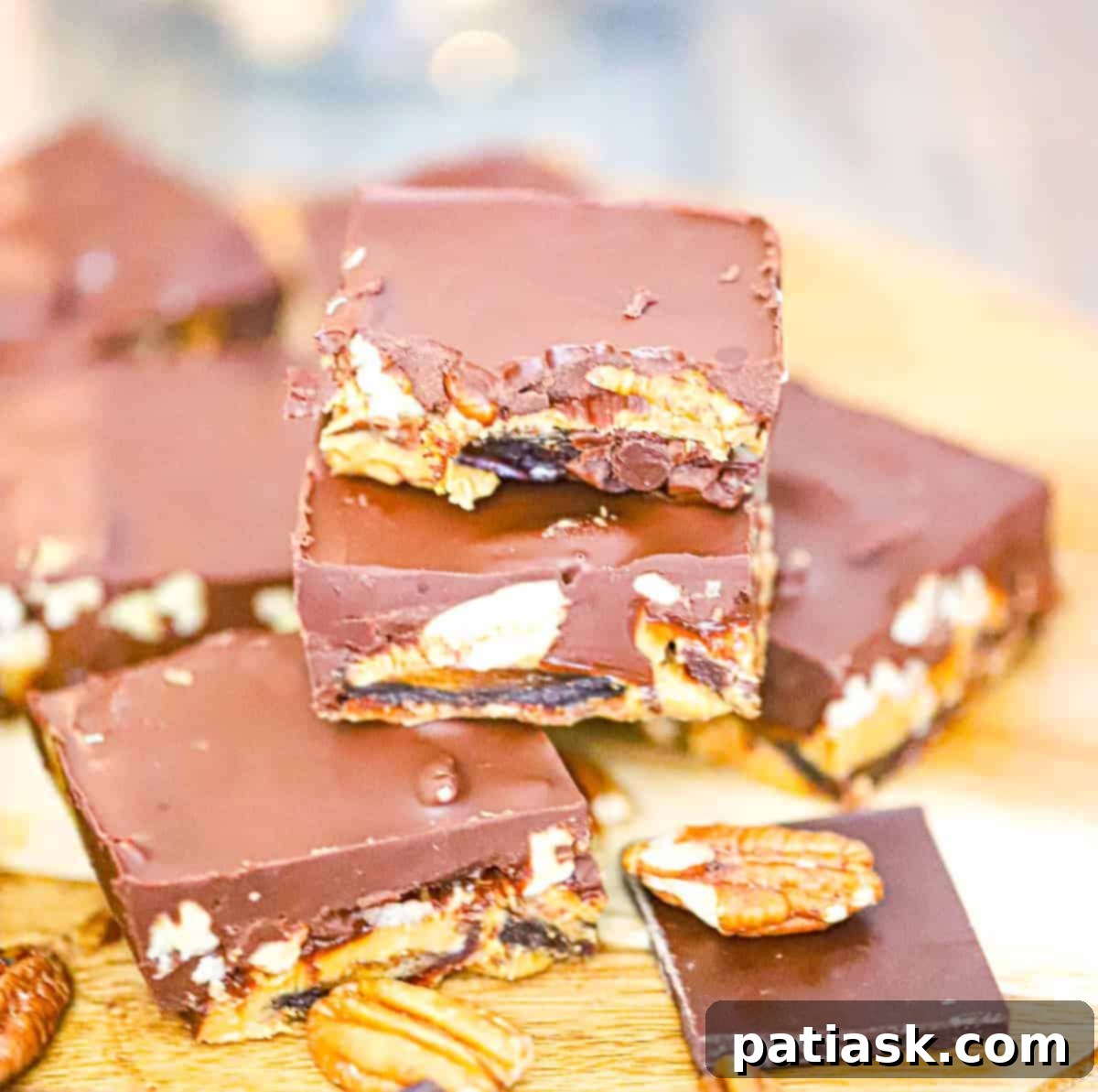 Guilt-Free Date Turtle Treats 3 Ingredients laid out for making healthy date turtle bars, including dates, peanut butter, pecans, and dark chocolate chips.