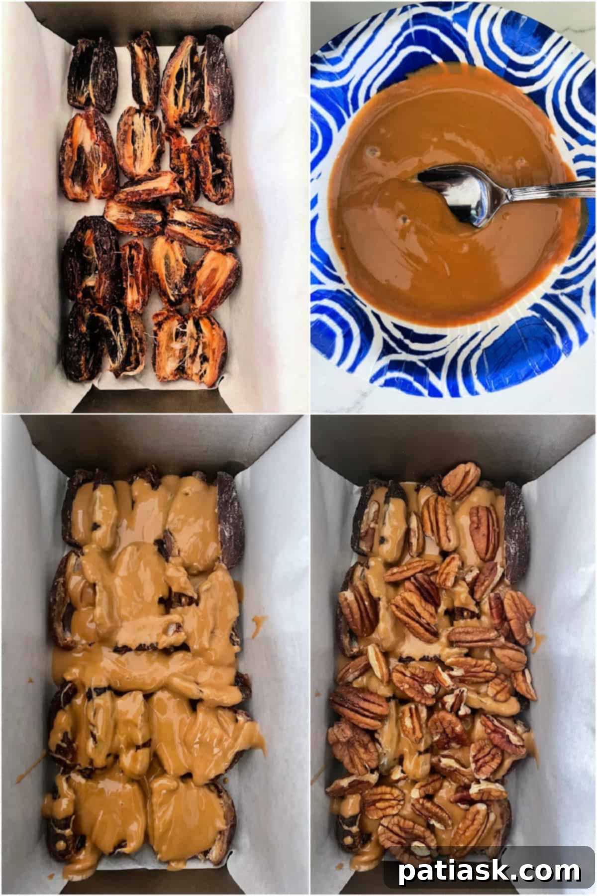 Guilt-Free Date Turtle Treats 5 Healthy chocolate pecan bars cut into squares and stacked, ready to eat.
