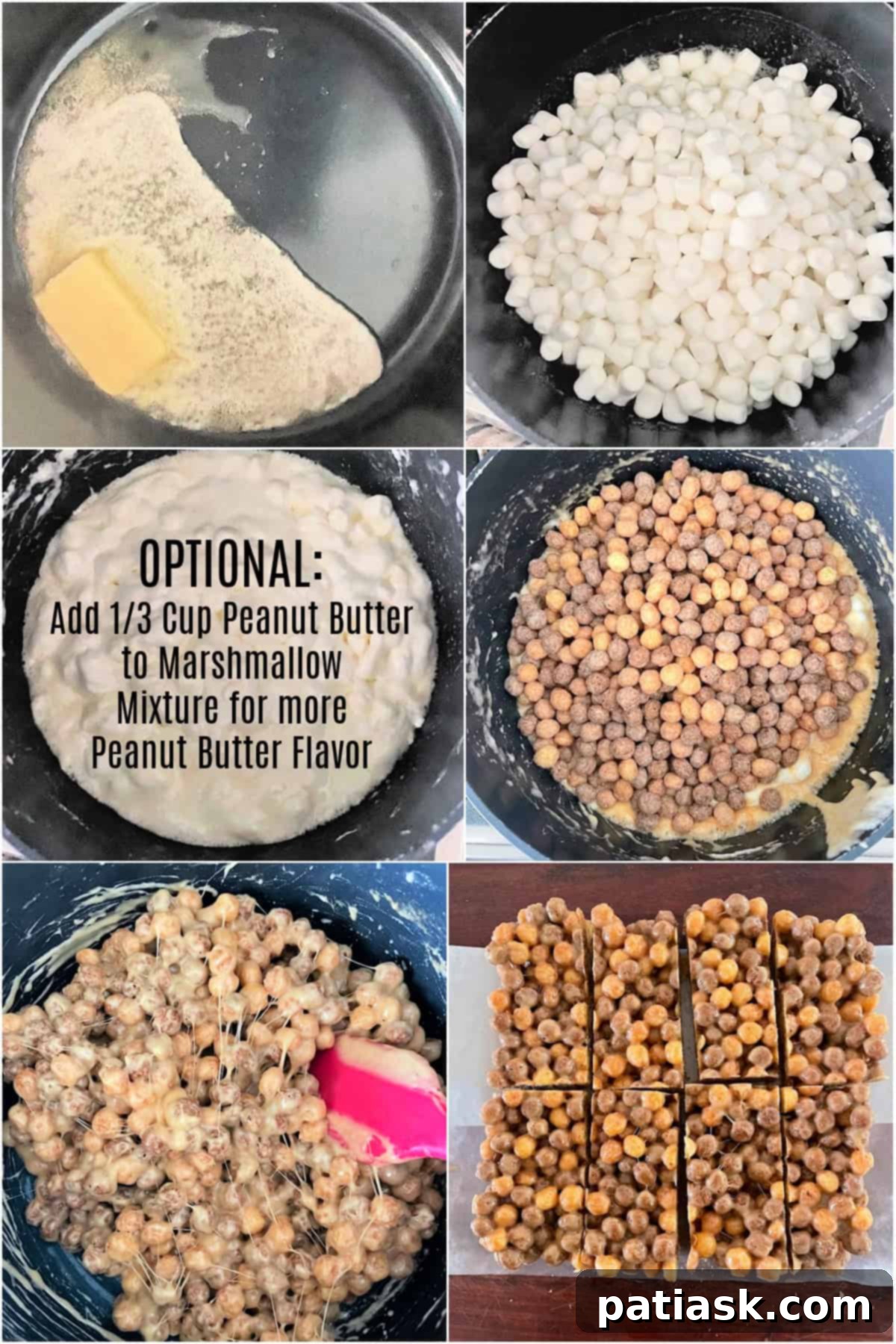 Close-up of freshly made Reese's Puffs Cereal Bars, showing the delicious texture.