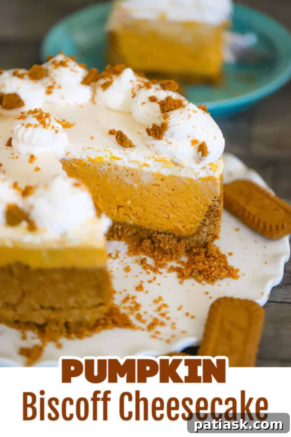 Autumn Spiced Pumpkin Biscoff Cheesecake 11 A rustic shot of Pumpkin Biscoff Cheesecake with fall foliage