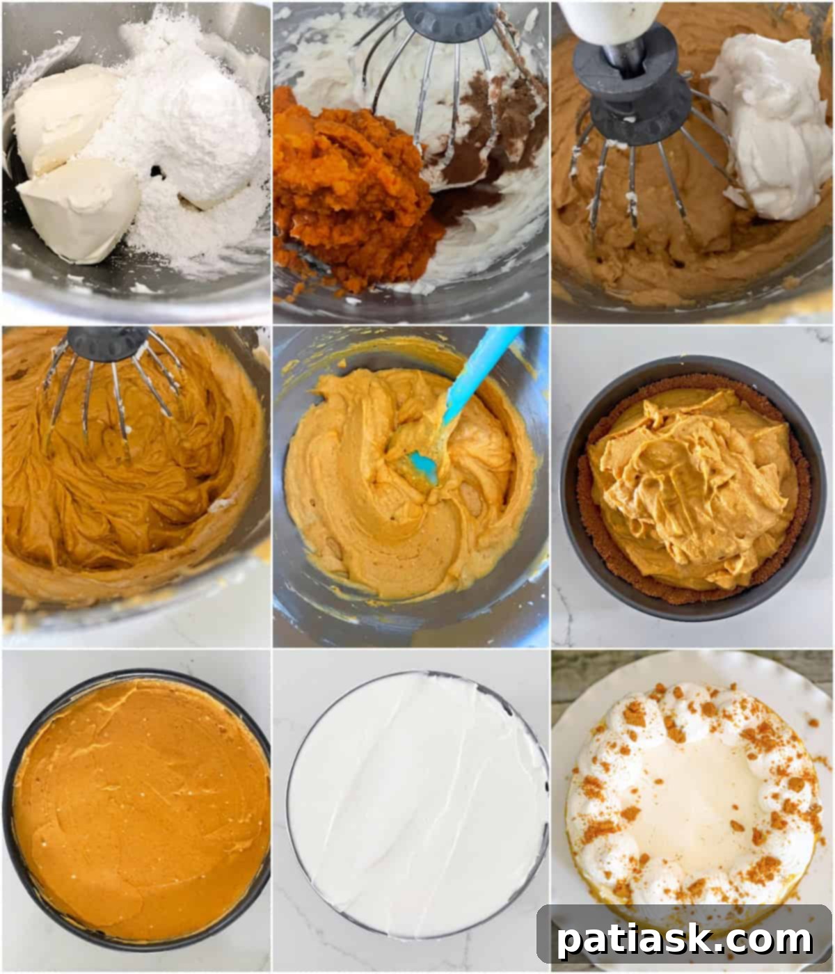 Autumn Spiced Pumpkin Biscoff Cheesecake 5 A whole No-Bake Pumpkin Biscoff Cheesecake on a white stand